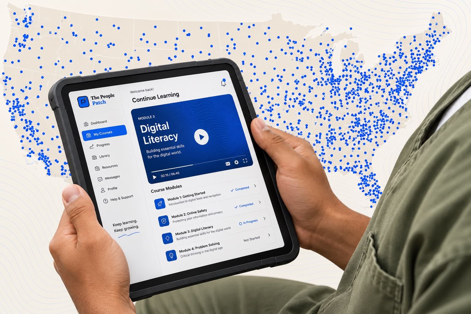 Hands holding a tablet showing a People Patch digital literacy course